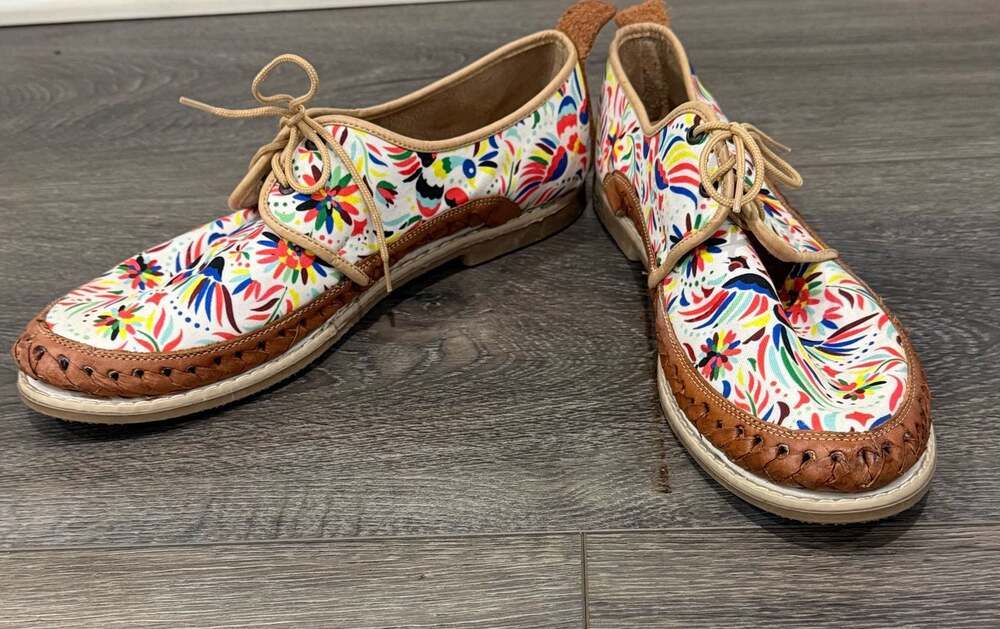 Colorful Folk Art Floral Huarache Oxford Shoes Leather Trim Lace Up Boho 7.5